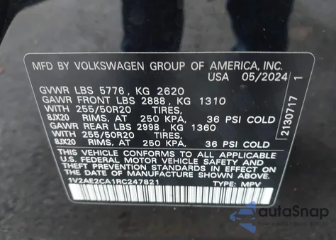 2024 Volkswagen Atlas Cross Sport 2.0T Sel R-Line из США, поврежденный, VIN 1V2AE2CA1RC247821